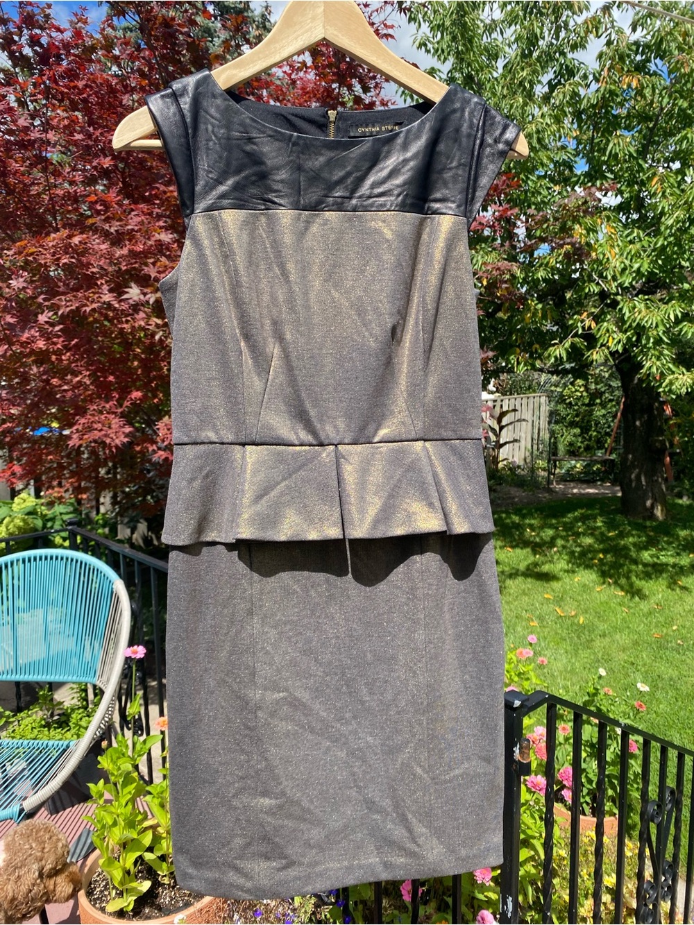 Gold Sheen Peplum Dress with Black Faux-Leather accents